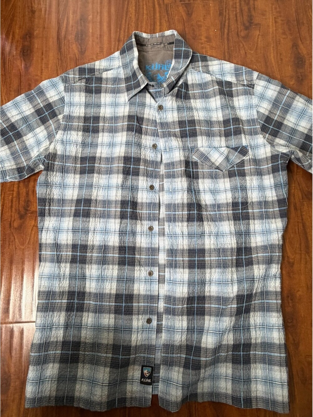 Kuhl Mens Shirt Plaid Blue Grey S/S Size M Outdoor Hiking Logo Rn#108846